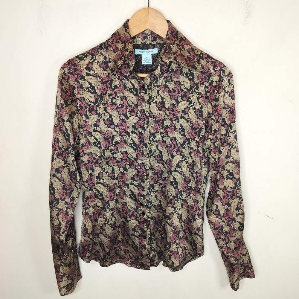 Gene Meyer Silk Paisley Floral Button Up Shirt Dark Romantic - Picture 5 of 8